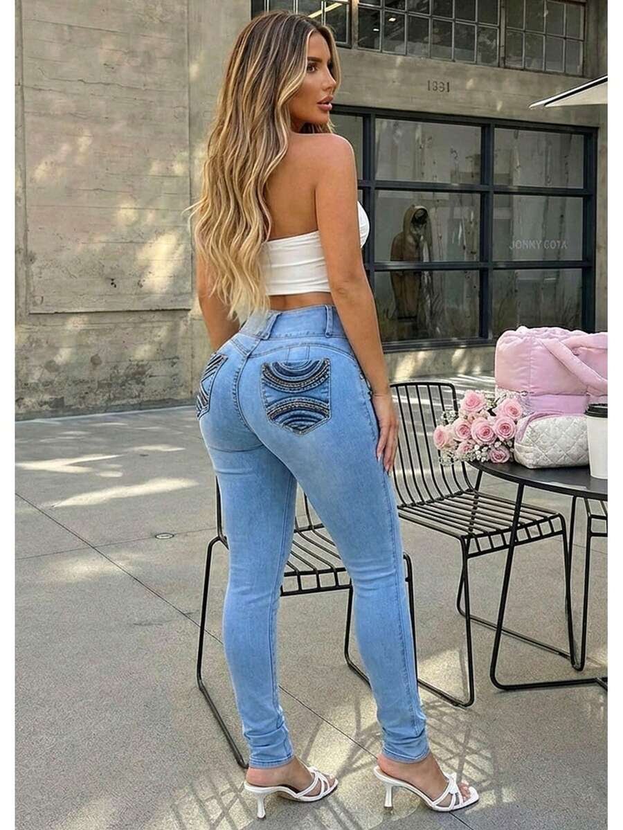 MX JEANS Light Acid Wash Butt Lift Mid Rise Skinny Jeans - 彩色 - 查看 1
