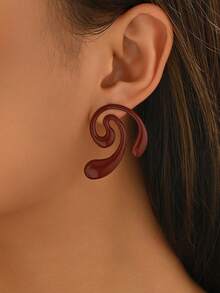 1 Pair Fashion Minimalist Creative Gothic Style Heart & Geometric Line Earrings, Versatile For Women To Wear To Dates, Parties, And Daily Use. The Metal Surface Is Handcrafted, May Have Minor Imperfections But Still Beautiful. - Burgundy - View 2