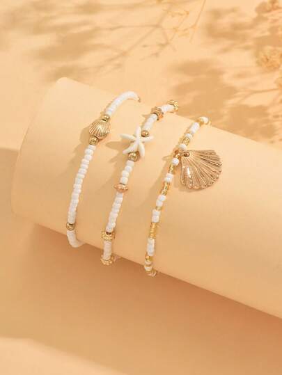 3pcs Starfish & Shell Beaded Anklet, Versatile Summer Beach Vacation Style, Unique High-End Layered Anklet For Teens & Women