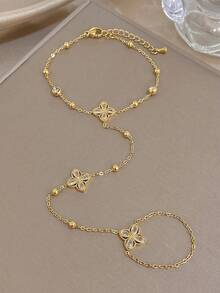 1件18K镀金优雅幸运四叶草锆石指链手链，女士不锈钢手链，适合情人节、派对、晚宴、日常佩戴、约会、狂欢节、新年、婚礼、海滩、圣诞节、周年纪念日等场合，优雅妈妈礼物，波西米亚风珠宝，生日伴娘礼物 - 彩色 - 查看 5