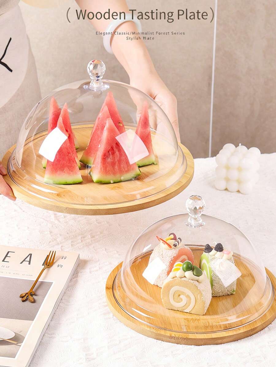 11.5-Inch Large Wooden Tray With Glass Dustproof Cover, Cake & Food Display Stand, Nordic Luxury Minimalist Japanese Style Wooden Tray - Multicolor - View 1