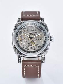 LONGLUX 1pc Men's Black Zinc Alloy Business Style Luminous Carved Automatic Tourbillon Hollow Mechanical Watch - Rust Brown - View 6