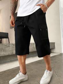 1 件男士多口袋工装短裤，宽松休闲运动沙滩短裤，适合夏季度假，适合日常通勤、户外、健身、慢跑、百搭街头七分裤 - 黑色 - 查看 3