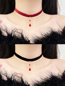 1pc Women's Retro Velvet Chain Crystal Pendant Necklace, Fashion Tassel Choker Necklace - Multicolor - View 1