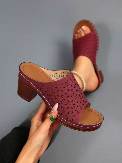 Sandalias de tacón grueso con punta redonda y diseño calado, sandalias de tacón alto y punta abierta sexy para mujeres
