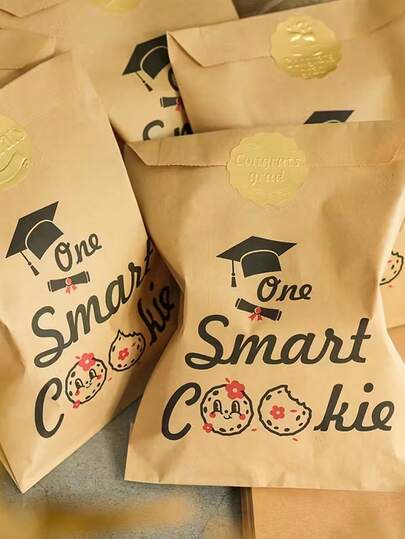 32pcs Kraft Paper Gift Bags With "A Smart Cookie" Design, Including Seal Stickers, Contains 16pcs Kraft Bags + 16pcs Stickers (2 Sheets) - Perfect For Graduation Celebration And Small Gifts, Graduation Party Supplies | Celebratory Design | Decorative Seal Stickers, Graduation Party Decor