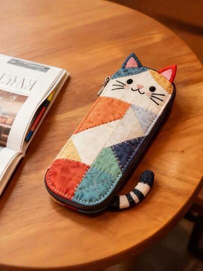 קלמר בסגנון טלאים של חתול אחד, תיק איפור נייד ייחודי, עיצוב טלאים קל משקל ומעשי, מתאים לאוהבי חתולים, ניתן להשתמש בו לאחסון ציוד סטודנטים/משרדי