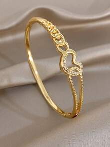 18K Gold Plated Anti-Fading Heart Zirconia Bangle Bracelet Set For Women, High Quality Luxury Jewelry,Gifts For Mom, For Daily Wear, Weddings, Suitable For Daily Life, Parties, Dates, Beach, Beach Jewelry, Mother's Day Gift, Valentine's Day Gifts, Spring, Wedding Supplies, Summer Accessories - Multicolor - View 8