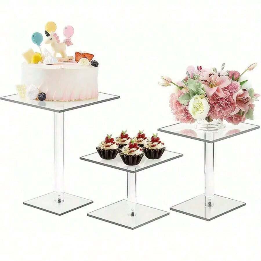 亚克力蛋糕架，多层甜点展示架，可拆卸圆形/方形透明纸杯蛋糕架，亚克力透明甜点、纸杯蛋糕、饼干展示架，适用于婚礼、派对 - 查看 1
