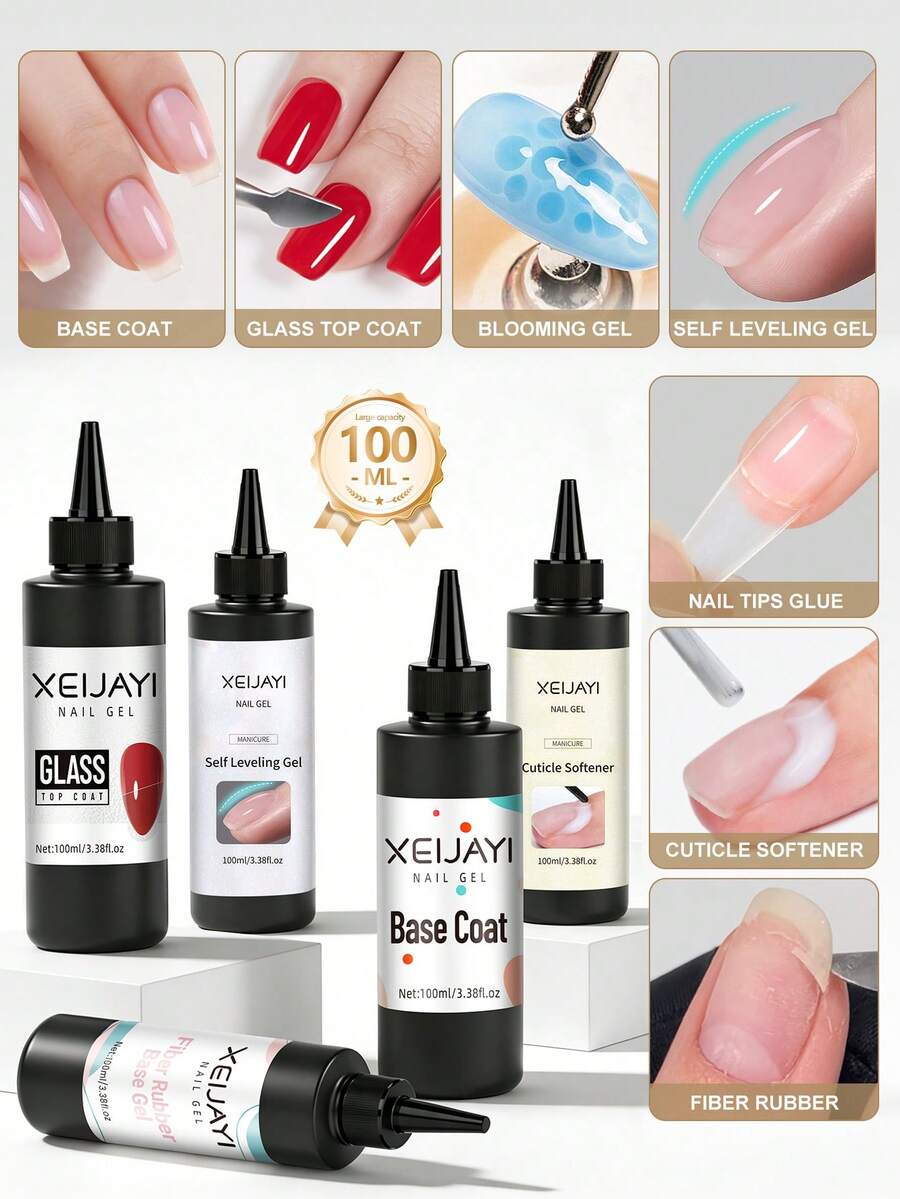 XEIJAYI Esmalte de uñas de gel de 100ml con capa superior de vidrio de larga duración, capa base de goma resistente, fortalecedor de uñas LED UV, gel floreciente, pegamento para puntas de uñas y suavizante de cutículas - Multicolor - Ver 1