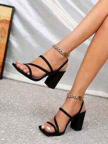 Women's Black Square Toe Fashionable Party Daily Commute Unique Casual Comfortable Peep Toe Chunky High Heel Shoes - Black - View 2