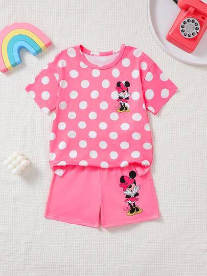 Disney 2 pièces Ensemble autorisé - T-shirt à manches courtes et short pour filles préadolescentes avec imprimé minimaliste de Minnie Mouse et à pois. Tenue polyvalente et confortable pour filles, convenant pour l'été, le quotidien, les sorties, les voyages