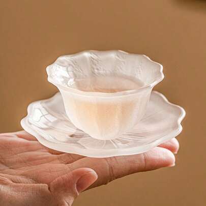 1 Set Elegant Glazed Ceramic Tea Cup, Frosted Crystal-Like Glass Cup With Saucer, Suitable For Tea Tasting, Leisure, Daily Use, Unique Asymmetrical Elegant Design, Holiday Gift, Christmas Gift