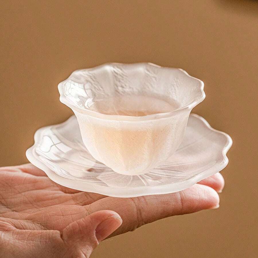 Bộ 1 tách trà gốm tráng men thanh lịch, tách trà thủy tinh mờ như pha lê kèm đĩa lót, thích hợp để thưởng trà, thư giãn, sử dụng hàng ngày, thiết kế bất đối xứng độc đáo, quà tặng ngày lễ, quà Giáng sinh. - Nhiều màu - Xem 1