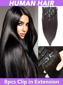 Clip In Hair Extensions Real Human Hair, 18 Inch 100g/3.6oz, #1B Natural Black, Clip In Brazilian Remy Human Hair Extensions 8pcs Per Set With 18 Clips Double Weft Full Head For Women 8-28 Inch Straight - Natural Black - View 2