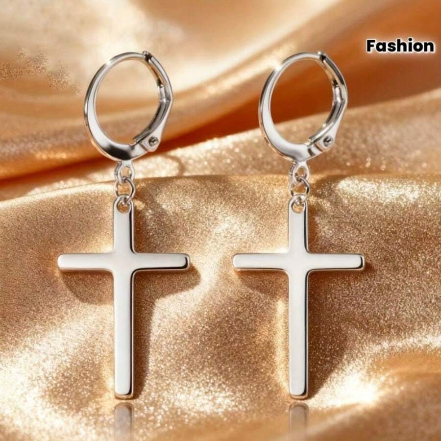Khuyên tai hình chữ thập unisex, phong cách tối giản sang trọng, đa năng, phù hợp đeo hàng ngày. - Bạc - Xem 1
