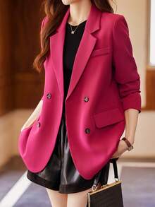 Rose Red Suit Jacket For Women, 2026 New Design Casual Chic Korean Style Spring/Autumn Blazer - Hot Pink - View 3