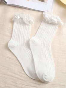 5 Pairs Random Women's Bow, Ruffle, Floral Lace Trim Thin White & Black Mid-Calf Socks, Soft Comfortable Minimalist Lace Socks, Suitable For Daily & Outdoor Wear Women Hosiery Christmas Gift - Black and White - View 3