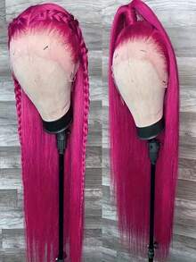 Websterwigs Elegant 13x4 Lace Front Straight Hair Wig, 26 Inches, Rose Red/Pink/Light Pink, Synthetic Lace Front Wig With Pre-Plucked Hairline, Heat-Resistant Fiber Hair, Silky Straight, For Women, Cosplay, Party, Daily, Music Festival - 玫紅色 - 查看 8