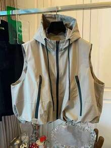 2026 Spring & Autumn New Women's Colorblock Drawstring Pocket Zipper Windbreaker Vest, Fashionable Casual Sleeveless Top Vacation - Khaki - View 7