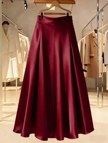 女士A字长袖缎面半身裙，采用优雅的塔夫绸面料，及踝长度，适合日常休闲穿着，乳白色，春季款 - 酒紅色 - 查看 4