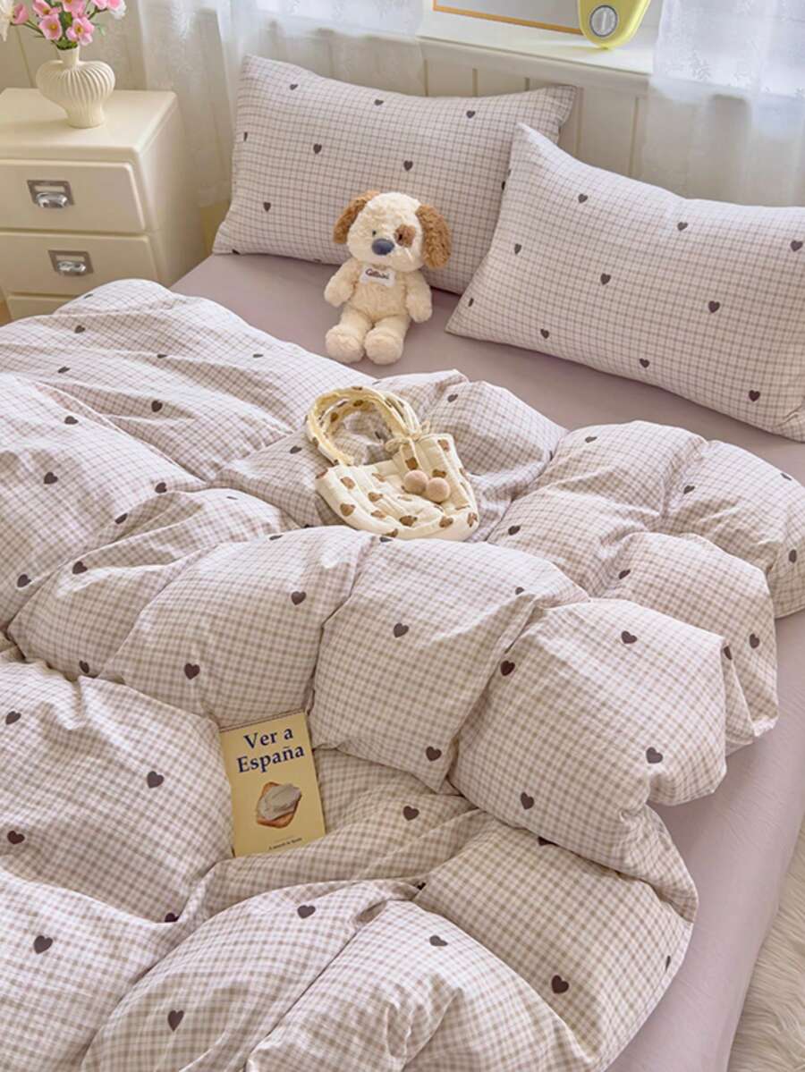 3件套涤纶复古格子印花床上用品套装，适合男孩/女孩宿舍，拉链封口，四季皆宜，柔软透气，适用于宿舍床、单人床、双人床、特大床、卧室（包含1个被套、2个枕套，不含填充物）