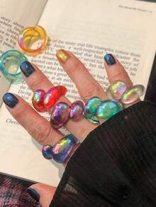 7pcs Electroplated AB Iridescent Adjustable Open Rings, Stacking Rings, Korean Fashion - Multicolor - View 2