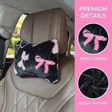 1pc Plush Black Base Pink Bow Car Headrest Pillow, Soft & Comfortable, Provides Neck Support, All Season Use, Perfect Gift, Women's Car Interior Accessory - Plush Black and Pink Bow - View 5