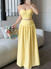 abyoxi Conjunto de 2 piezas de top corto acanalado amarillo limón y falda larga de cintura alta, estilo dulce y casual, ideal para vacaciones románticas, salidas diarias, fiestas, citas, playa, primavera/verano - Amarillo - Ver 5