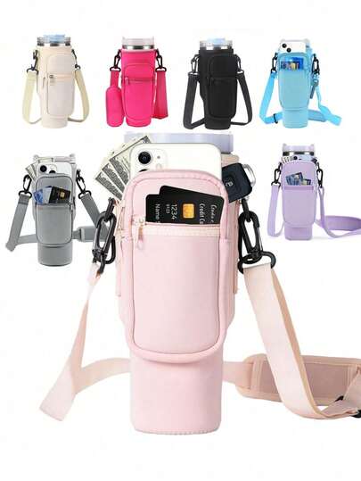 Funda de botella de agua tipo bandolera de unicolor y estilo minimalista, con gran capacidad y aislamiento, cubierta protectora para botellas, estilo casual para ir y venir, hecha de material suave de neopreno, con borde acolchado para amortiguar y evitar caídas, aislar y evitar quemaduras