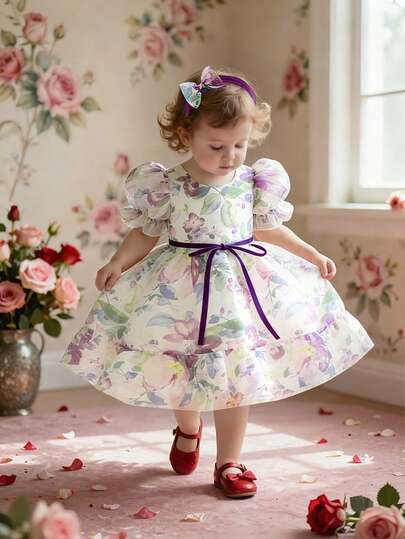 Baby Girls' Round Neck Printed Organza Cute Party Dress, Suitable For Wedding Flower Girl, Birthday Party, Fabric Floral Pattern Random, Comes With Hair Band