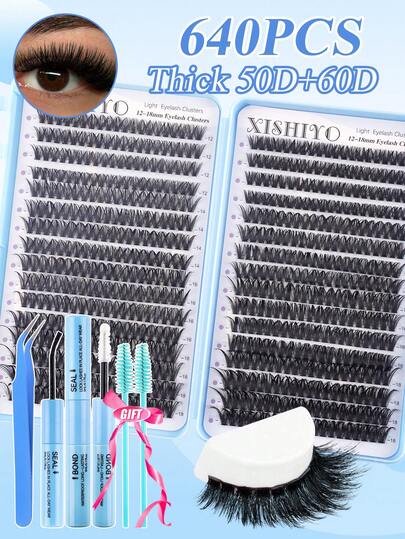 640 Pairs Lash Book, 12-18mm Mixed Density Lash Tool Kit, New 12-18mm Cat Eye D Curl Lashes, DIY Natural Makeup Lash Extension Set, Ultra Soft Lightweight Lash Extension Kit, Lash Glue Set, Suitable For Daily Use, Wedding, Date, Party, Music Festival, Halloween, Cluster Lashes, Individual Lashes, Professional False Eyelash Makeup