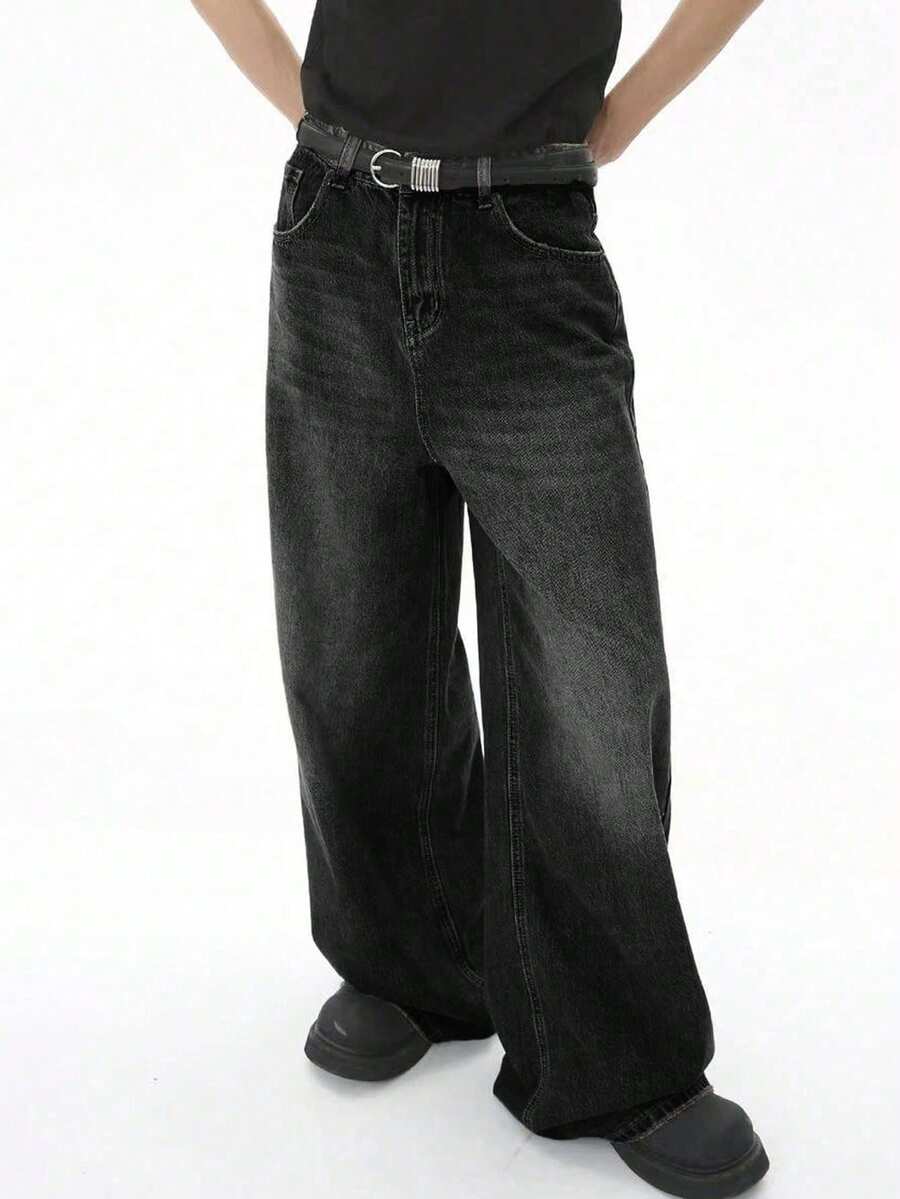 青少年男孩时尚休闲水洗阔腿牛仔裤 - 黑色 - 查看 1