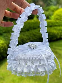 1pc White Handheld Wedding Ring Box With Pearl Bow And Satin Ribbon Decoration, Suitable For Wedding, Proposal, Anniversary - View 9