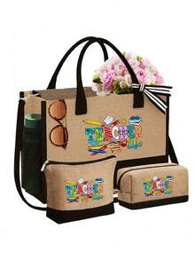 Teacher Letter Pattern Reusable Makeup Bag Set, Including Tote Bag With Shoulder Strap And Cosmetic Bag, Personalized Gift Bag With Side Pocket, Beach Bag With Scarf, Suitable For Holiday, Birthday, Graduation, Daily Use, Beach, Travel, Work, Picnic, Camping - Multicolor - View 16