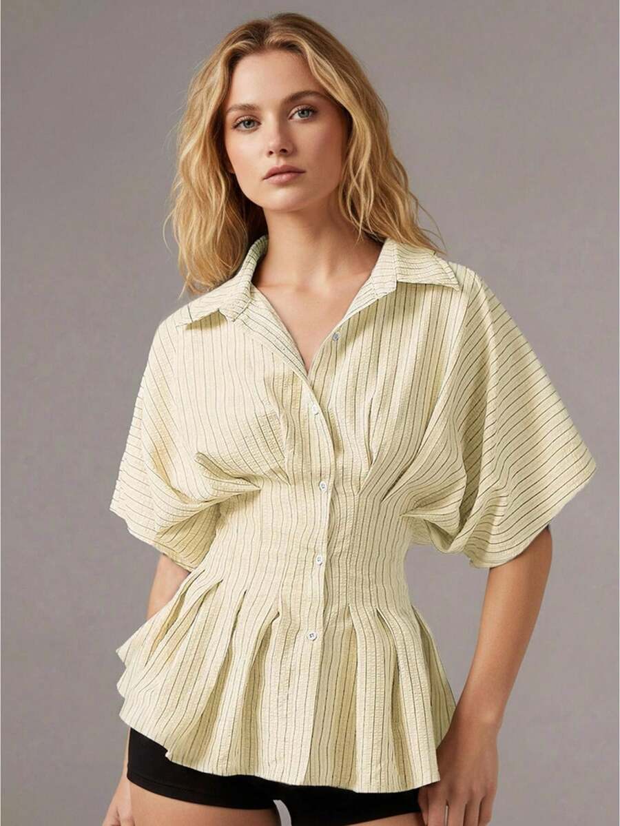 Women's Striped Peplum Blouse Button Down Collared Short Puff Sleeve Cinched Waist Shirt For Casual - 淺黃色 - 查看 1