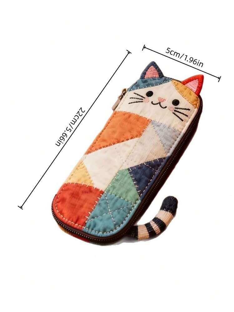 1pc Cat Patchwork Style Pencil Case, Unique Portable Cosmetic Bag, Patchwork Design Lightweight And Practical, Suitable For Cat Lovers, Can Be Used For Student/Office Supplies Storage - Cat Pencil Case - View 3