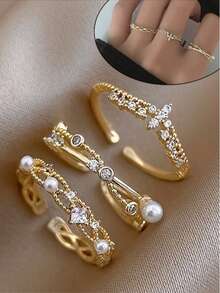 3pcs/Set Copper Faux Pearl Criss-Cross Crown Rings Set, Minimalist Adjustable Open Rings Suitable For Women's Daily, Commute, Party, Date Wear - Yellow Gold - View 1