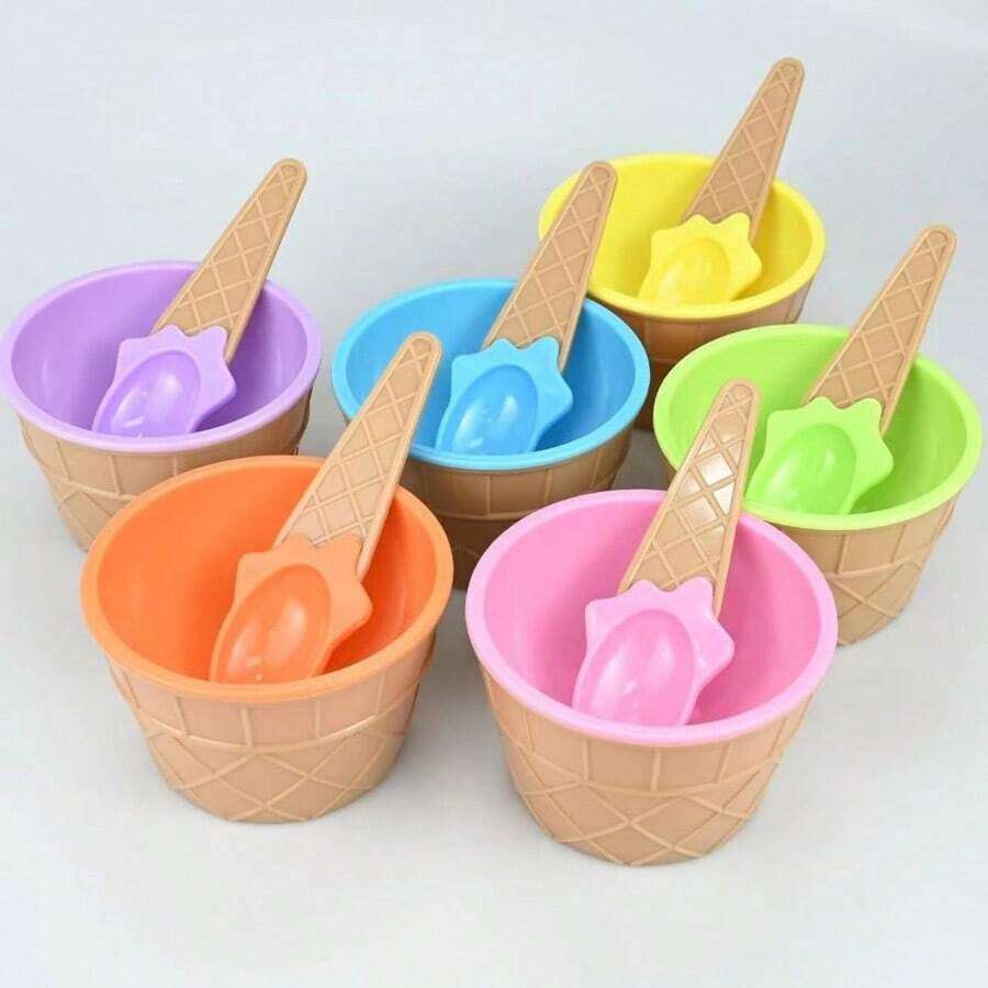 1 pieza Tazón de plástico para helado, Juego de tazón y cuchara para helado, Tazón de doble capa con diseño de dibujos animados - Multicolor - Ver 1