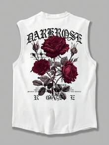Débardeur d'été pour hommes Zrgoth, imprimé à la mode avec fleur rose et slogan anglais - Blanc - Voir 3
