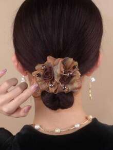 1 unidade de elástico de cabelo floral, elegante faixa elástica de cabelo em tule com flor, acessório de cabelo para o verão, disponível em várias cores, material leve, design exclusivo com flor dupla, moderno e de alta qualidade, também pode ser usado como decoração de mão. - Multicolorido - Ver 2
