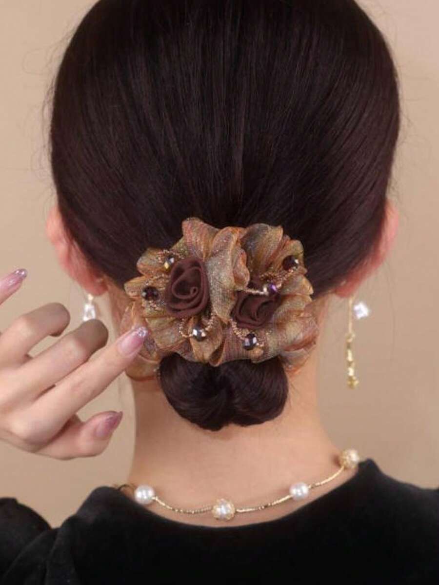 1 unidade de elástico de cabelo floral, elegante faixa elástica de cabelo em tule com flor, acessório de cabelo para o verão, disponível em várias cores, material leve, design exclusivo com flor dupla, moderno e de alta qualidade, também pode ser usado como decoração de mão.