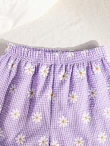 2pcs/Set Girls' Daisy Print & Plaid Top And Pants Set, Summer - Lilac Purple - View 5