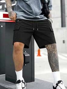American Streetwear Utility Cargo Shorts, Loose Casual Bermuda Shorts For Summer - Black - View 4