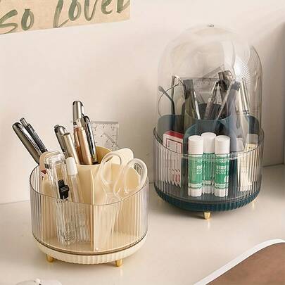 1pc 360° Rotating Makeup Brush Holder With Transparent Cover, Desktop Brush Stand, Desk Decor Makeup Brush Organizer