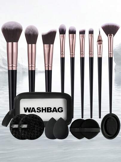 17-Piece Professional Makeup Brush And Beauty Sponge Set: Includes 9 Makeup Brushes (For Setting Powder, Blush, Highlighter, And Eyeshadow), 2 Portable Powder Puffs, 2 Ultra-Soft, Non-Absorbent Beauty Sponges, 2 Facial Cleansing Pads, A Brush-Cleaning Bowl, And A Portable Letter-Printed Makeup Bag-A Complete Makeup Tool Set.