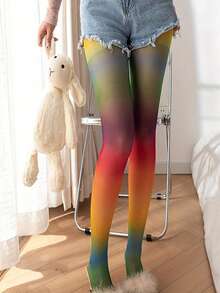 1双新款性感渐变黑色丝袜，独特糖果色细条纹连裤袜，彩虹变色连裤袜 - 彩色 - 查看 5