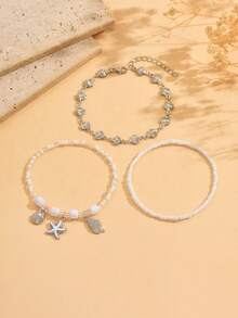 3pcs Bohemian Style Shell & Starfish Beaded Anklet Set For Girls, Beach Fashion Anklet With Random Bead Placement - Multicolor - View 2