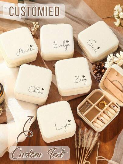Personalized Name & Heart Shaped Jewelry Box, Customized Name Jewelry Box, Beige Bridesmaid Jewelry Box With Zipper Closure, Fabric Lining And Compartments, Elegant Travel Jewelry Storage Box, Suitable For Bridesmaid Proposal Gift | Elegant Jewelry Box | Zipper Closure