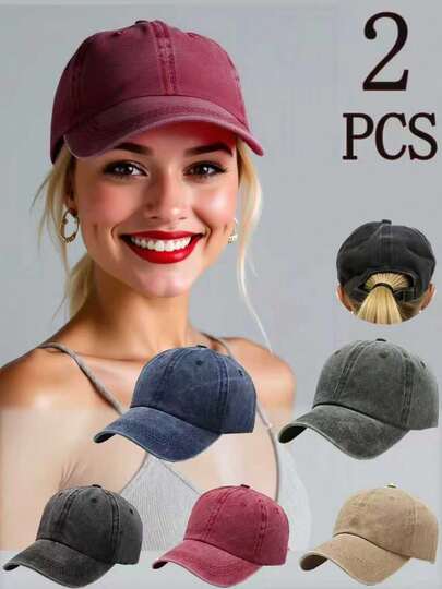 2pcs Unisex Retro Washed Baseball Cap, Multi-Color, Outdoor Fashion Adjustable Sun Hat, Suitable For Daily Wear